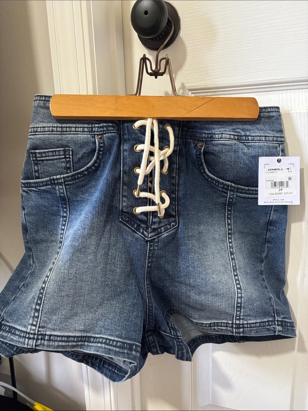 O'Neill Women's Faded Blue Lace-Up Denim Shorts